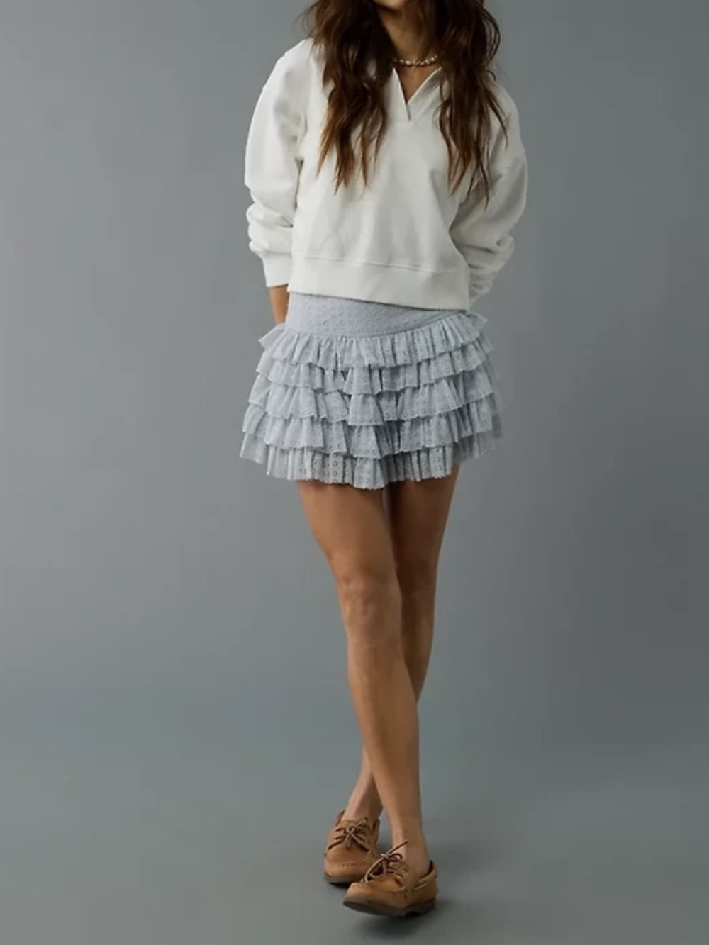 American Eagle Light Blue Tiered Lace Ruffle Mini Skirt Skort Size Small